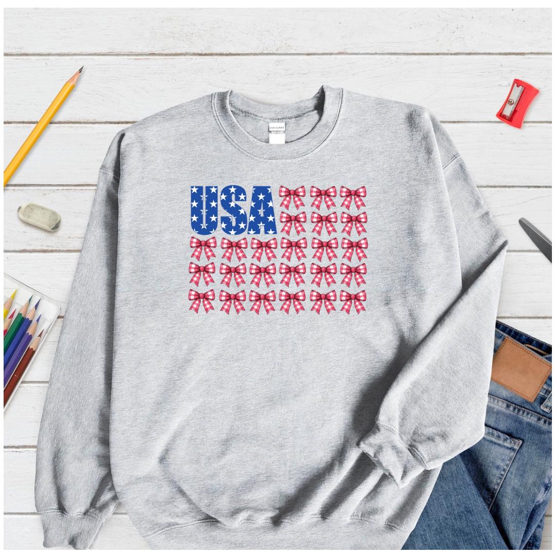 USA Bow Flag Sweatshirt | Patriotic Gingham Bows T-Shirt | 4th of July Shirt | Gildan DTF Print Unisex
