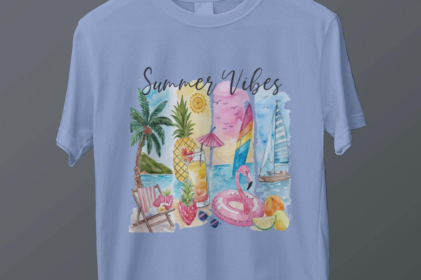 Summer Vibes T-Shirt: Tropical Beach Watercolor Graphic