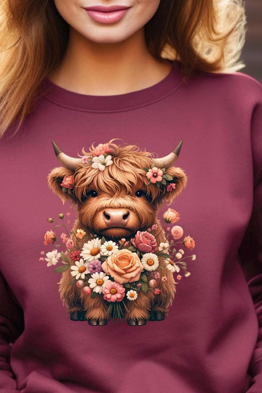 Floral Highland Cow Shirt or Sweatshirt – Cute Cow Graphic Tee -Farm Animal Gift-Gildan DTF unisex T shirt or sweatshirt