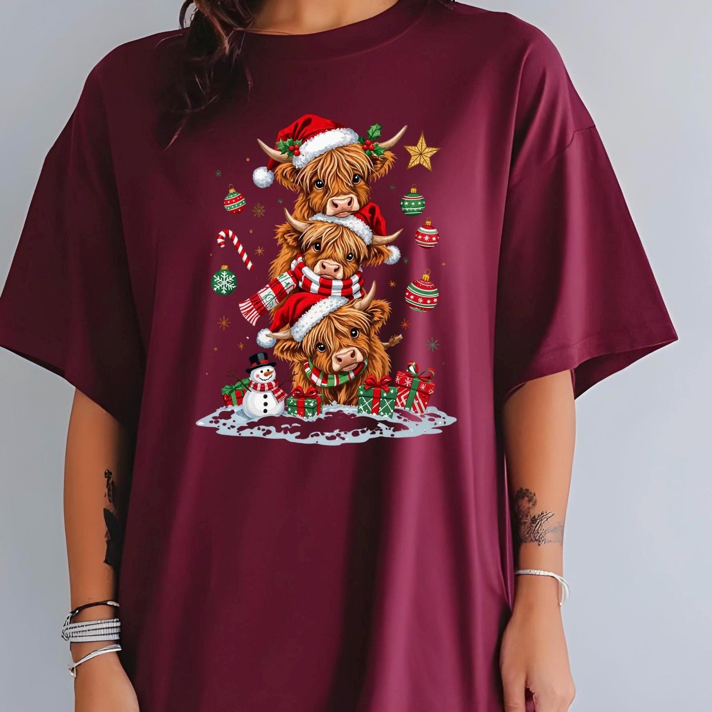 Highland Cow Christmas shirt or Sweatshirt – Santa Hat, Snowman Holiday Tee