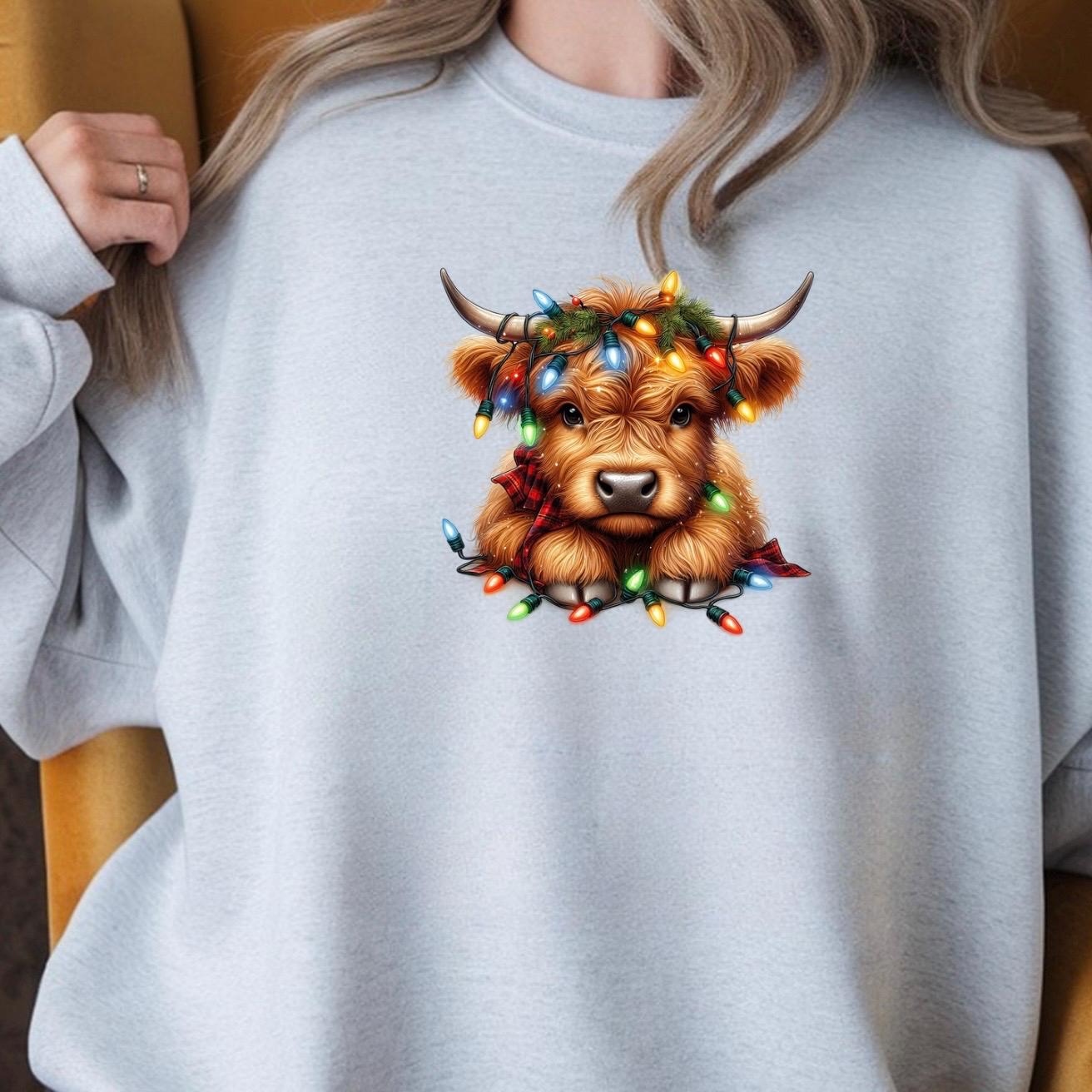 Highland Cow Christmas Shirt | Cozy Rustic Holiday Sweatshirt | Farm Animal Lights Funny Gift Tee