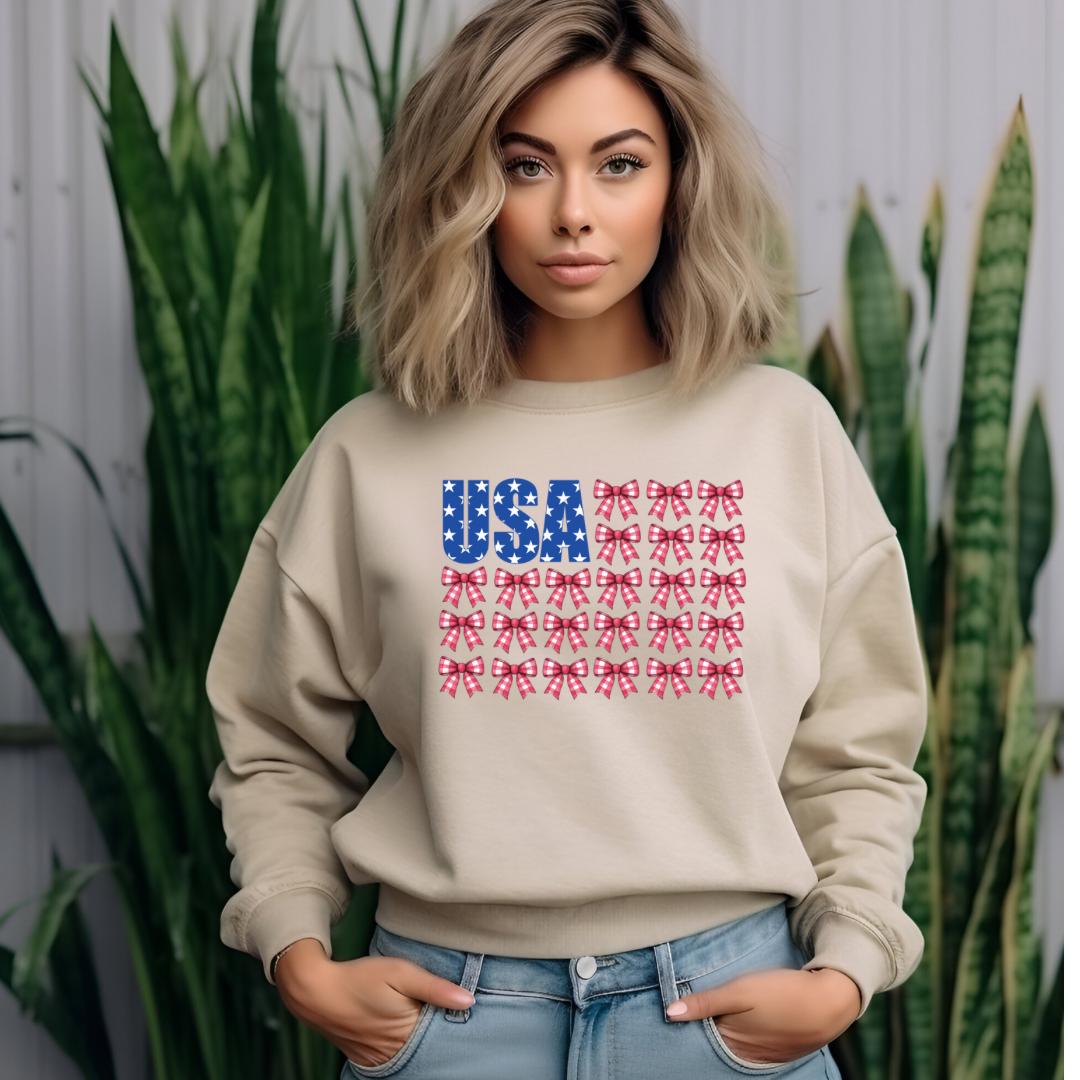 USA Bow Flag Sweatshirt | Patriotic Gingham Bows T-Shirt | 4th of July Shirt | Gildan DTF Print Unisex