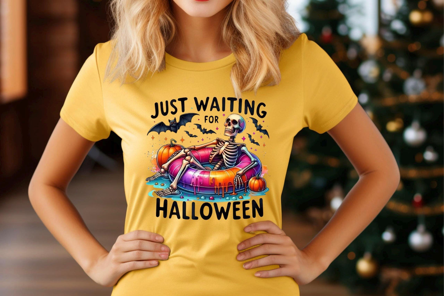 Just Waiting For Halloween" Skeleton T-Shirt or Sweatshirt | Funny Summerween Graphic Tee | Spooky Pool Float Crewneck