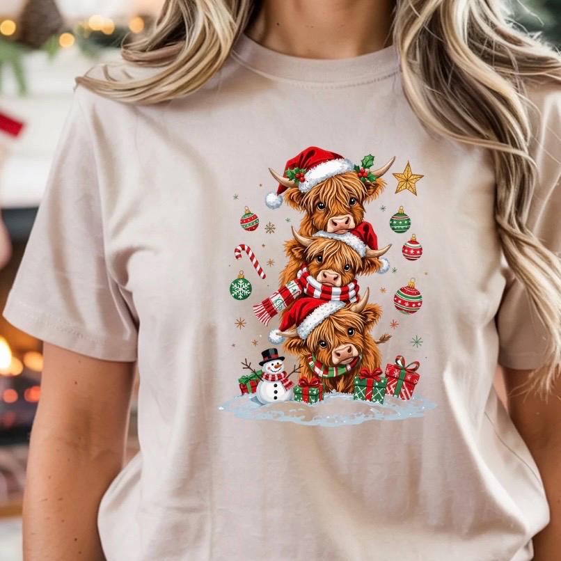 Highland Cow Christmas shirt or Sweatshirt – Santa Hat, Snowman Holiday Tee