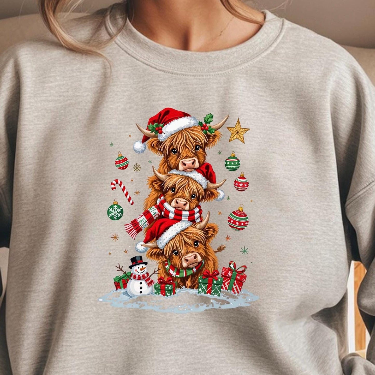 Highland Cow Christmas shirt or  Sweatshirt – Santa Hat, Snowman Holiday Tee