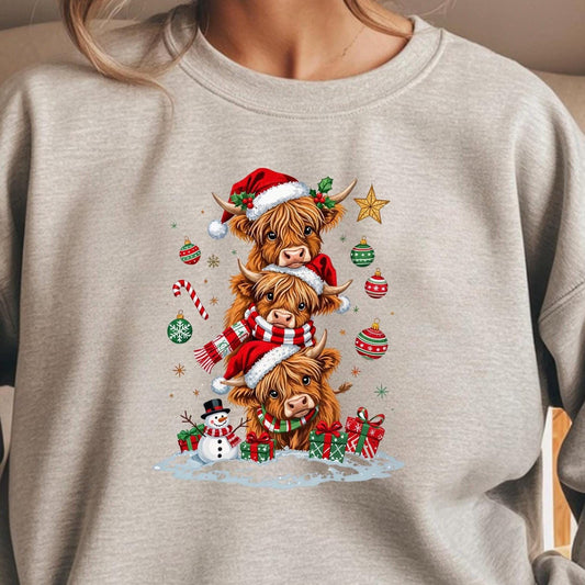 Highland Cow Christmas shirt or  Sweatshirt – Santa Hat, Snowman Holiday Tee