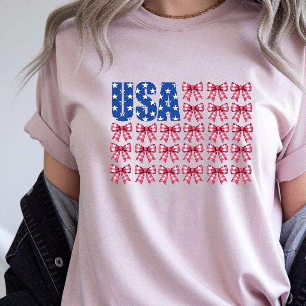 USA Bow Flag Sweatshirt | Patriotic Gingham Bows T-Shirt | 4th of July Shirt | Gildan DTF Print Unisex