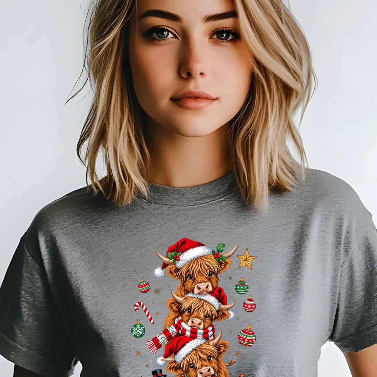 Highland Cow Christmas shirt or Sweatshirt – Santa Hat, Snowman Holiday Tee