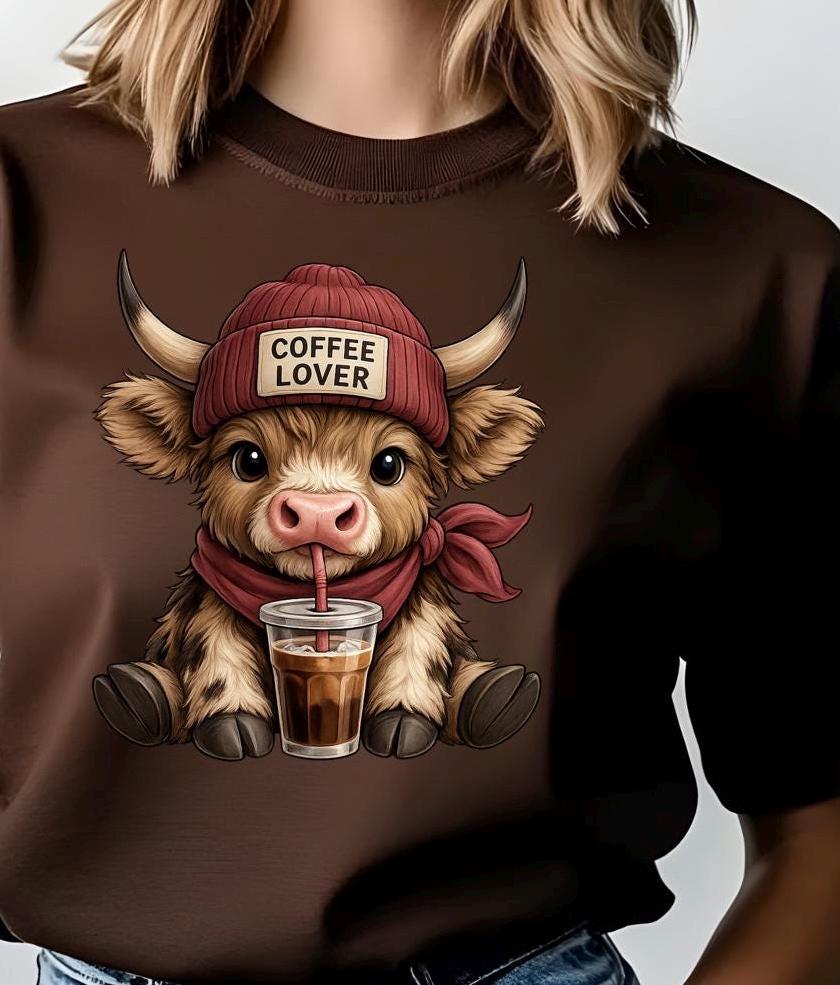 Highland Cow Coffee Lover Shirt or Sweatshirt – Cute DTF Print on Gildan – Coffee Gift for Her
