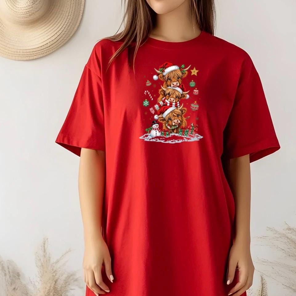 Highland Cow Christmas shirt or Sweatshirt – Santa Hat, Snowman Holiday Tee
