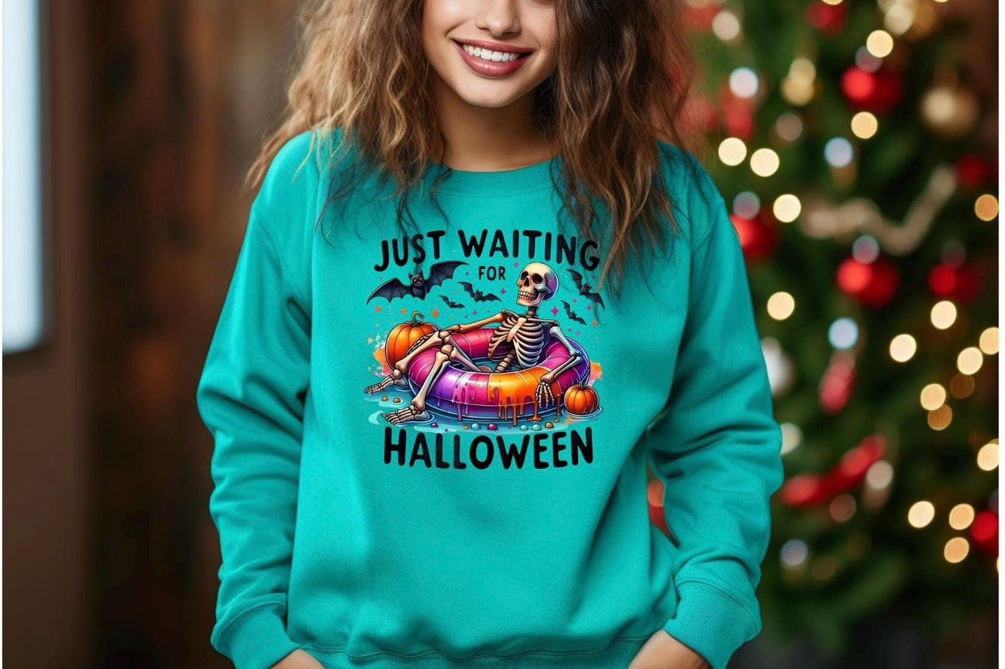 Just Waiting For Halloween" Skeleton T-Shirt or Sweatshirt | Funny Summerween Graphic Tee | Spooky Pool Float Crewneck