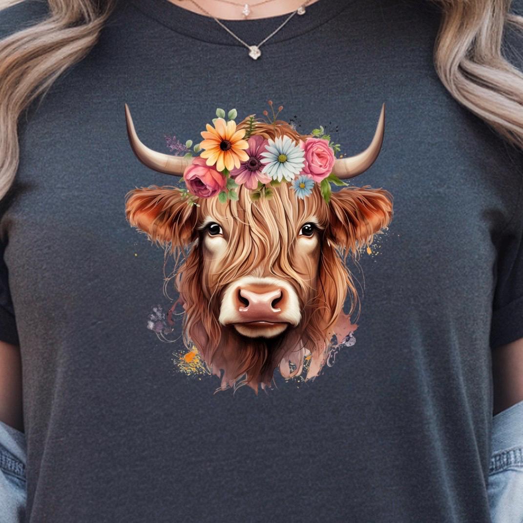 Floral Highland Cow Sweatshirt, Farm Animal Crewneck tshirt