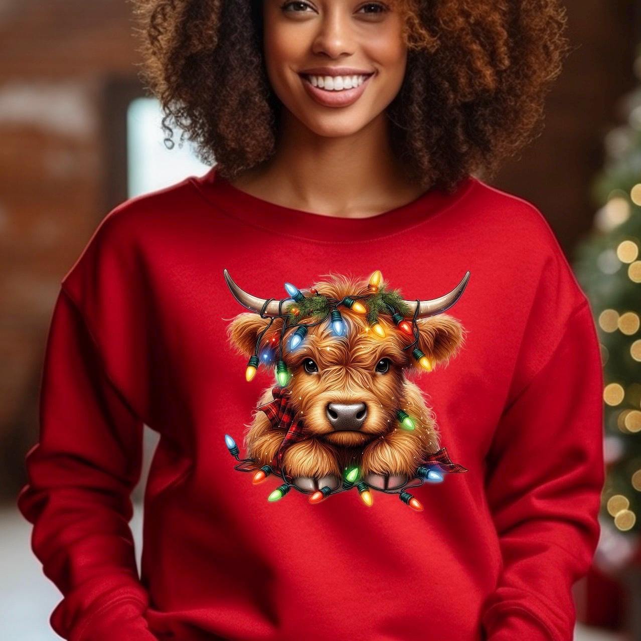 Festive Highland Cow Christmas Lights Sweatshirt or t shirt