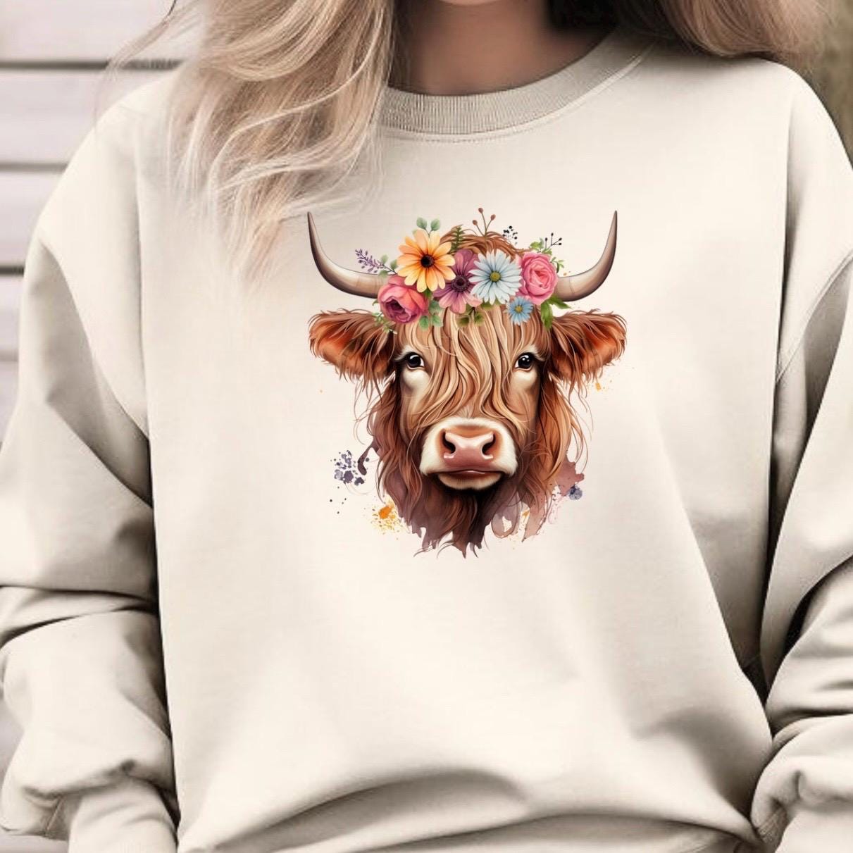 Floral Highland Cow Sweatshirt, Farm Animal Crewneck