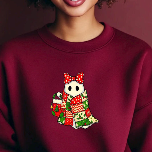 Cute Christmas Ghost T-Shirt – Cozy Holiday Quilt & Polka Dot Bow Graphic Tee