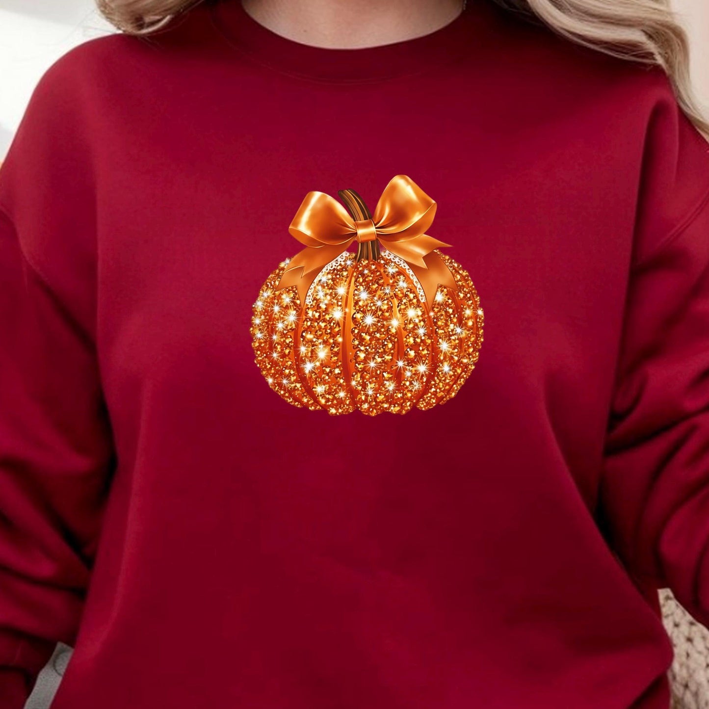 Faux Glitter Pumpkin Sweatshirt | Elegant Coquette Bow Fall Graphic Tee (DTF Print)