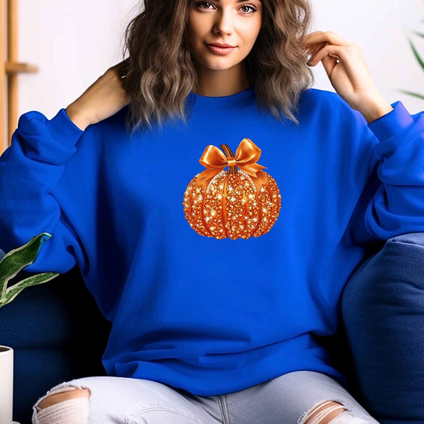 Faux Glitter Pumpkin Sweatshirt | Elegant Coquette Bow Fall Graphic Tee (DTF Print)