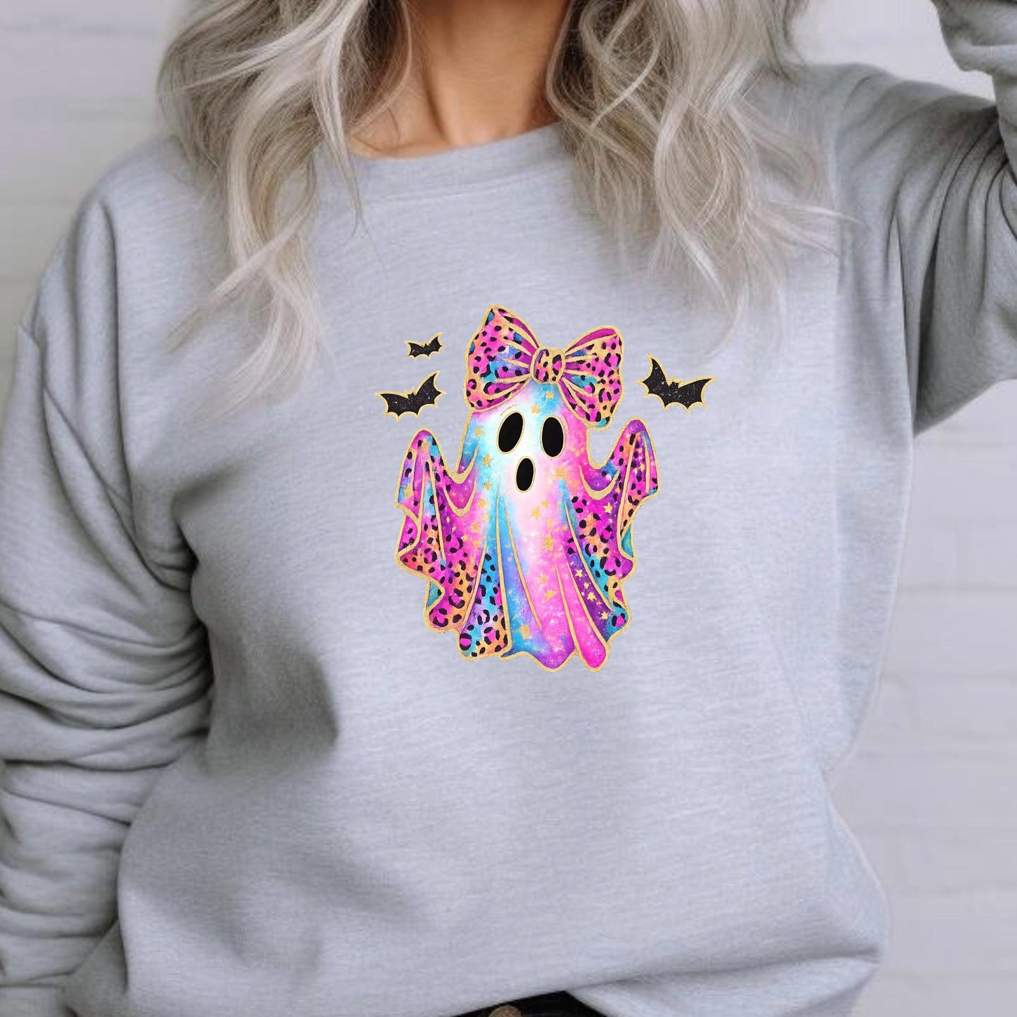 Leopard Ghost Bow Sweatshirt | Halloween Shirt Women | Cute Ghost Tee Teen Girl