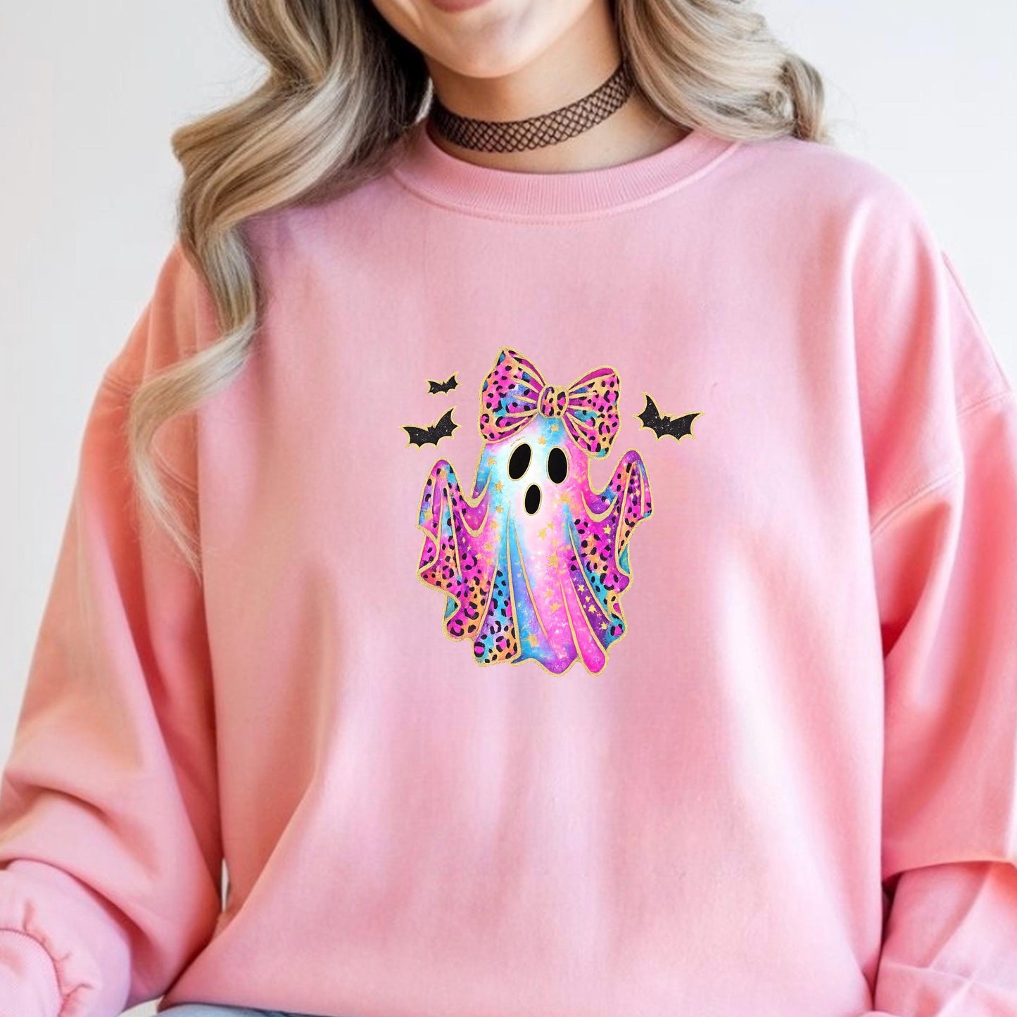 Leopard Ghost Bow Sweatshirt | Halloween Shirt Women | Cute Ghost Tee Teen Girl