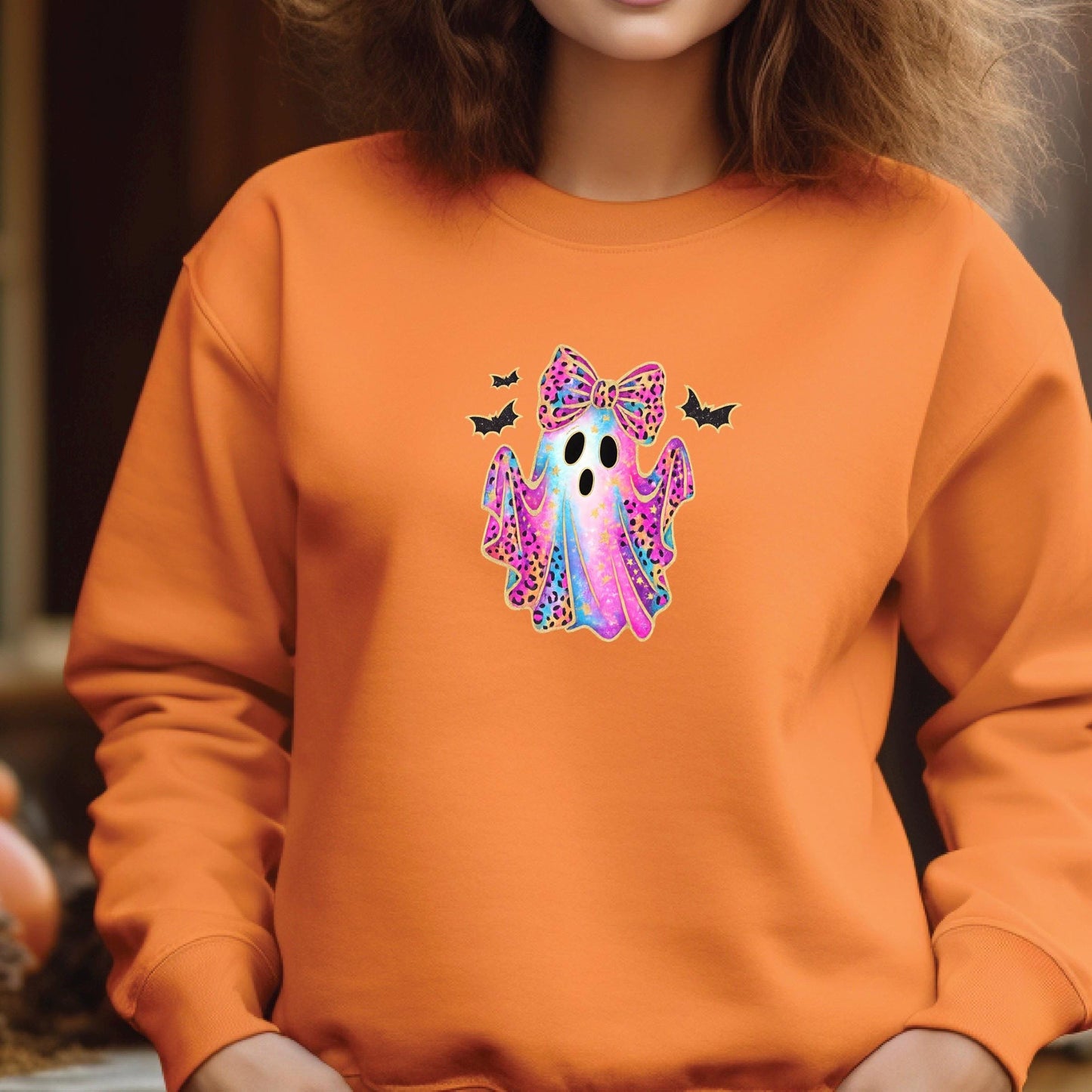 Leopard Ghost Bow Sweatshirt | Halloween Shirt Women | Cute Ghost Tee Teen Girl