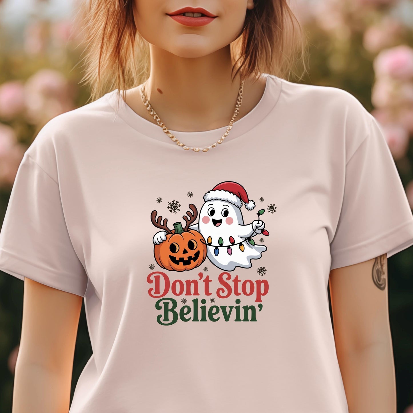 Don’t Stop Believin’ Ghost & Pumpkin Christmas Tee or sweatshirt