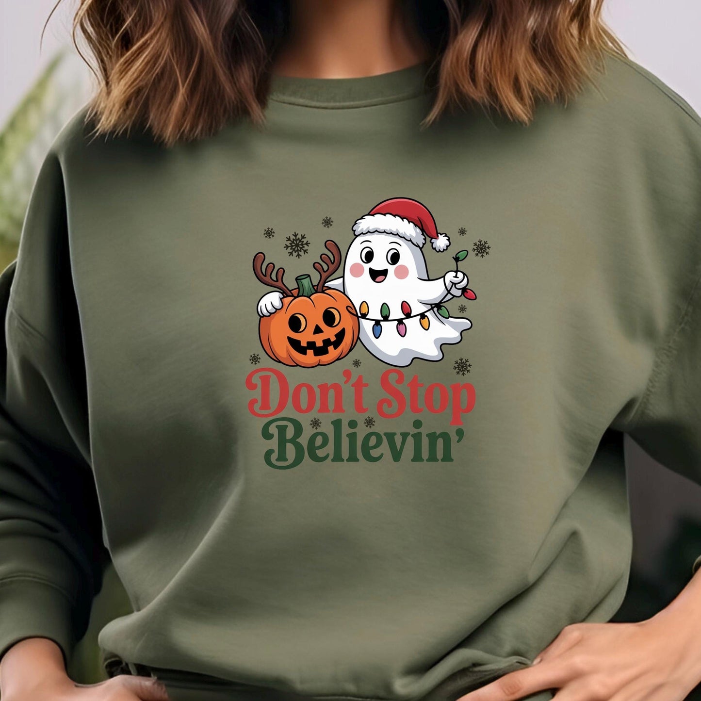 Don’t Stop Believin’ Ghost & Pumpkin Christmas Tee or sweatshirt