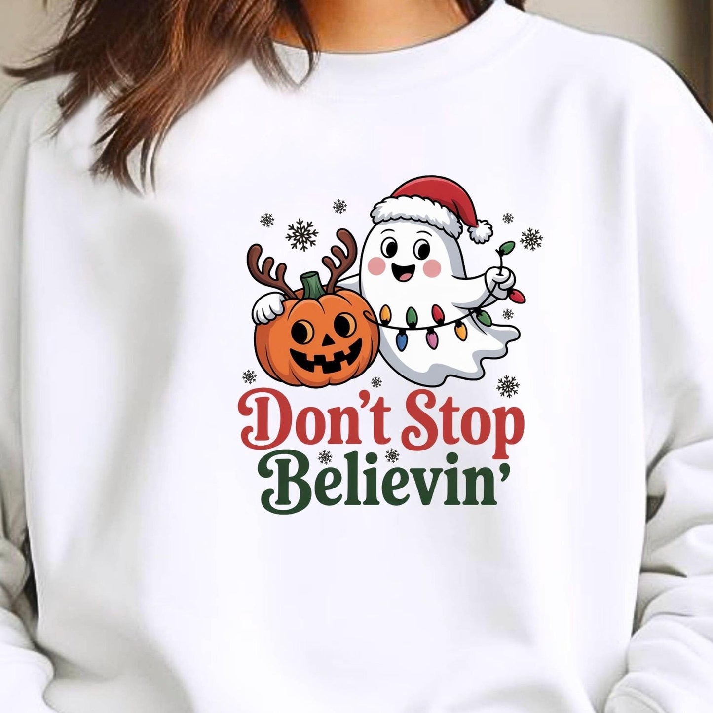 Don’t Stop Believin’ Ghost & Pumpkin Christmas Tee or sweatshirt
