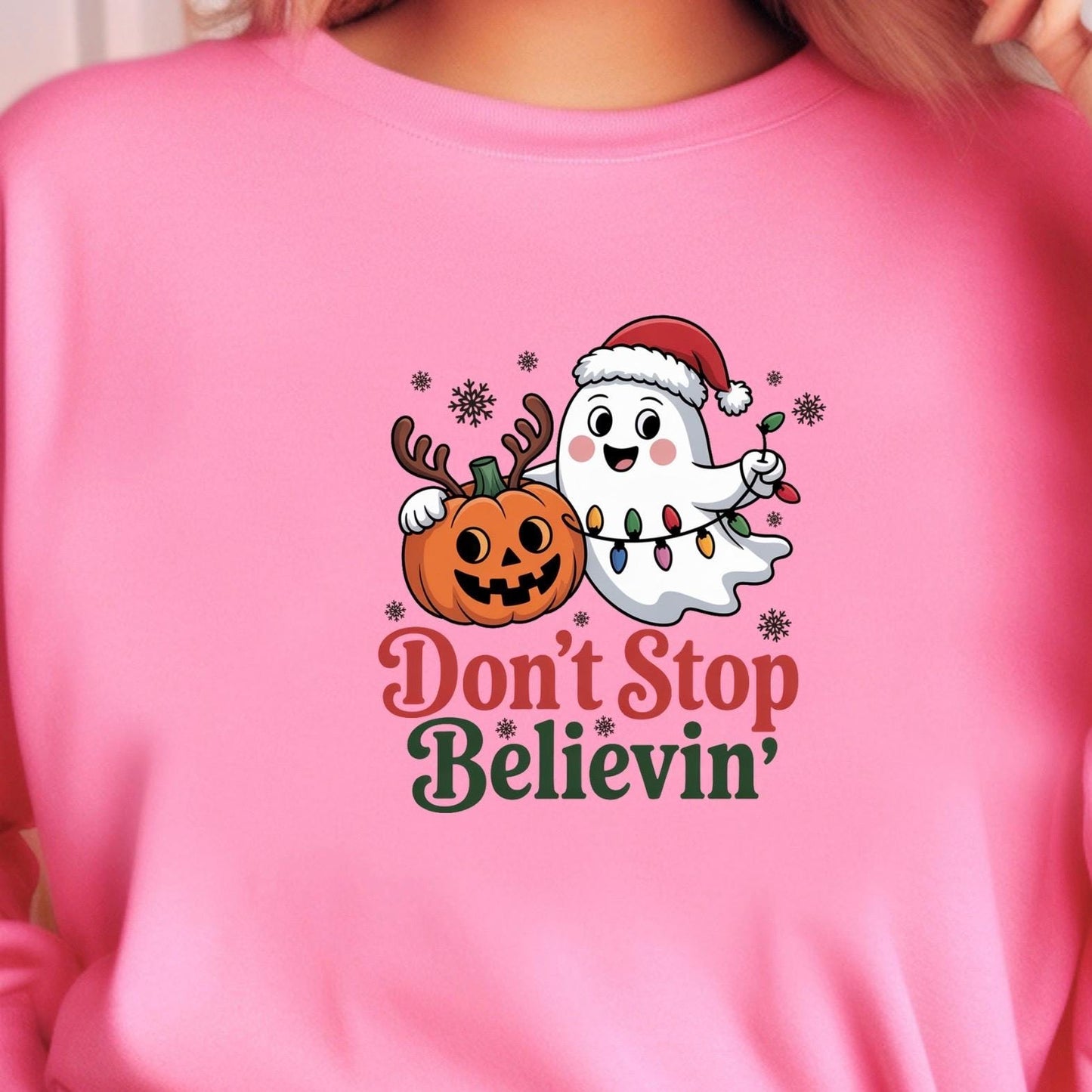 Don’t Stop Believin’ Ghost & Pumpkin Christmas Tee or sweatshirt