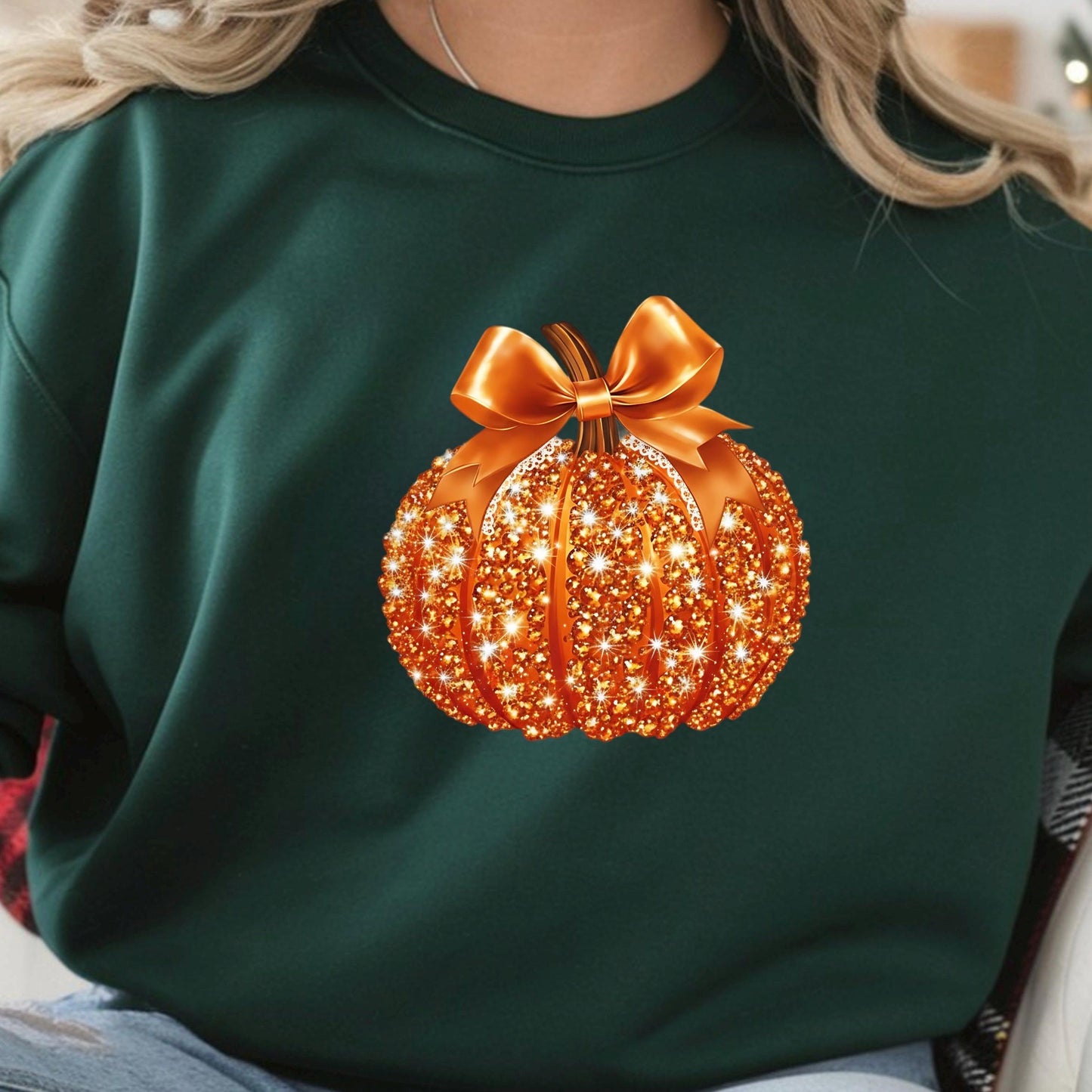 Faux Glitter Pumpkin Sweatshirt | Elegant Coquette Bow Fall Graphic Tee (DTF Print)