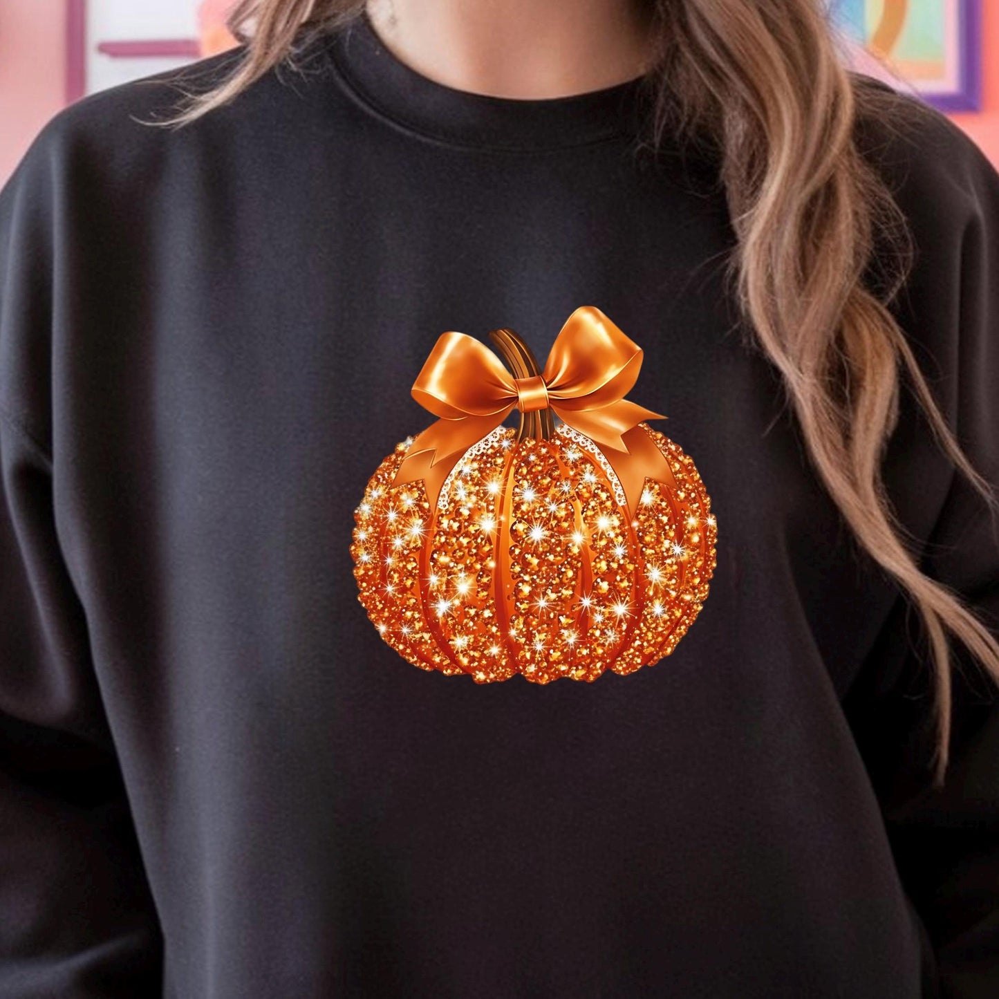 Faux Glitter Pumpkin Sweatshirt | Elegant Coquette Bow Fall Graphic Tee (DTF Print)