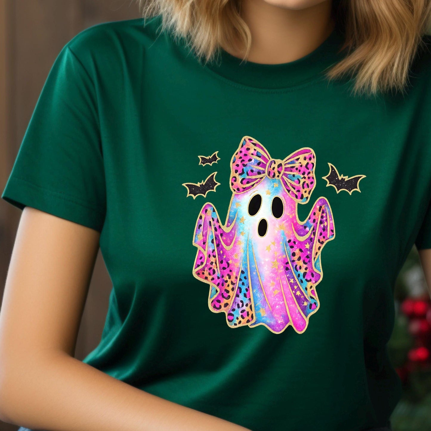 Leopard Ghost Bow Sweatshirt | Halloween Shirt Women | Cute Ghost Tee Teen Girl
