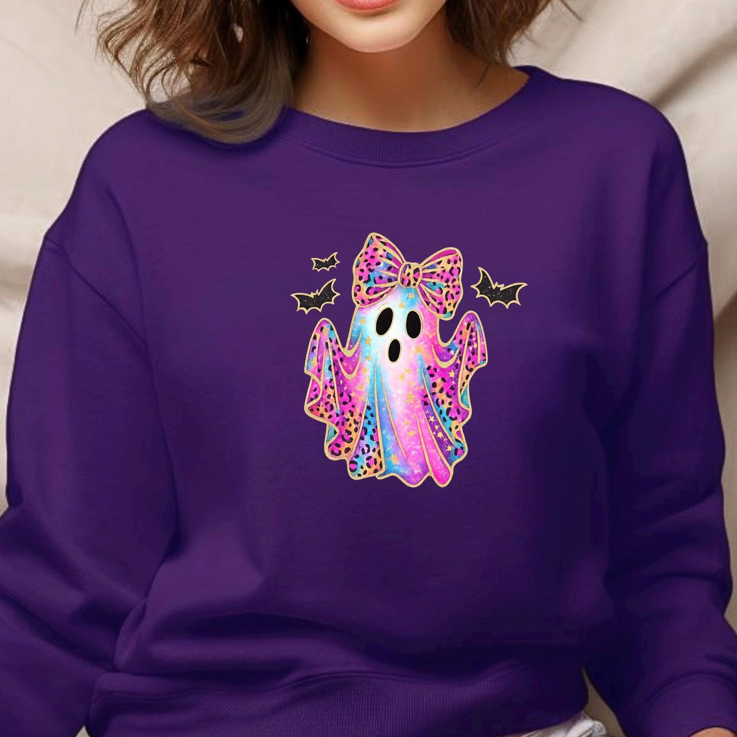 Leopard Ghost Bow Sweatshirt | Halloween Shirt Women | Cute Ghost Tee Teen Girl