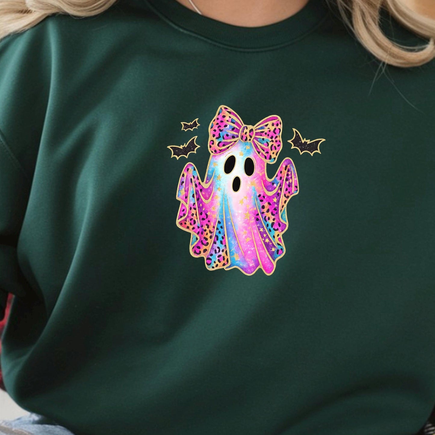 Leopard Ghost Bow Sweatshirt | Halloween Shirt Women | Cute Ghost Tee Teen Girl