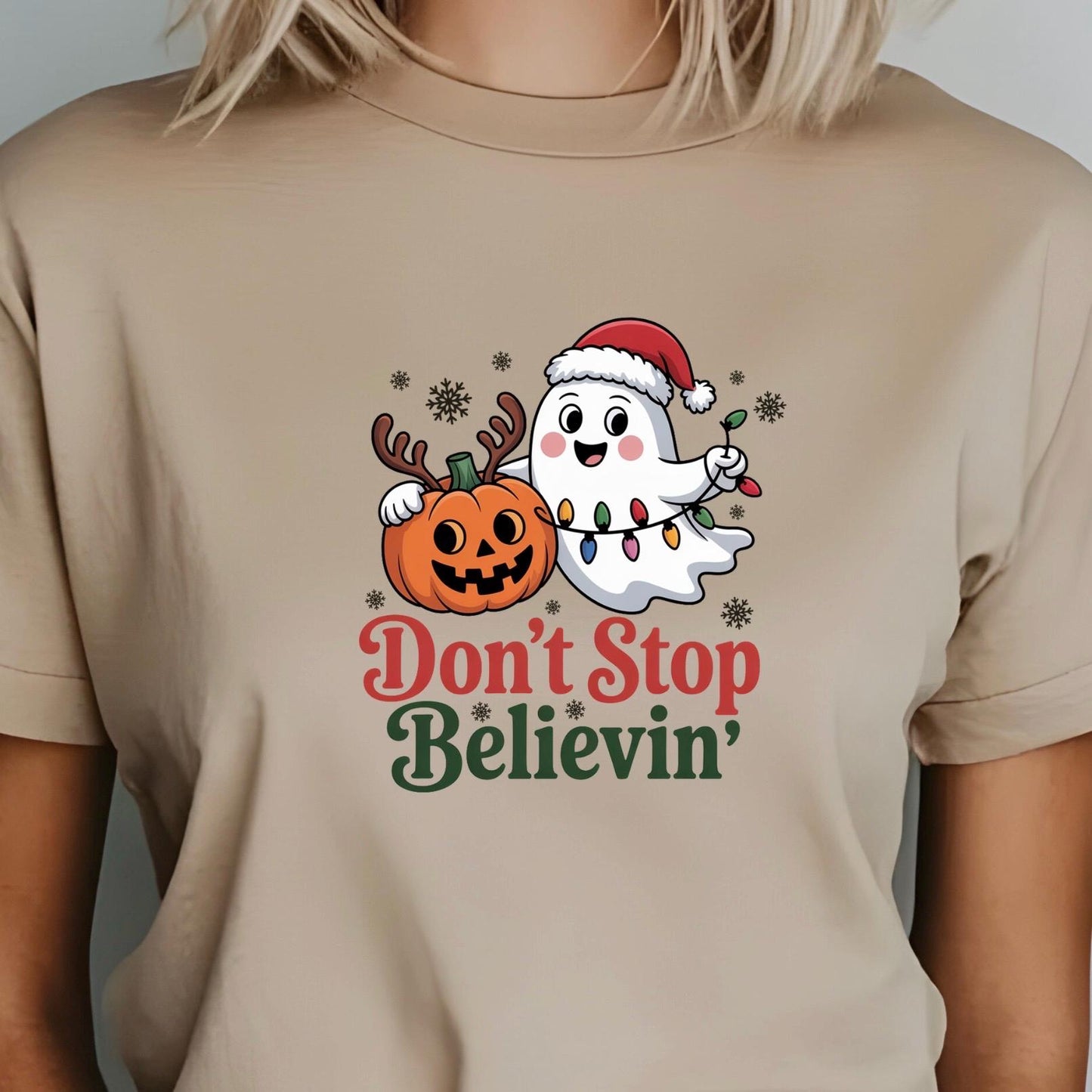 Don’t Stop Believin’ Ghost & Pumpkin Christmas Tee or sweatshirt