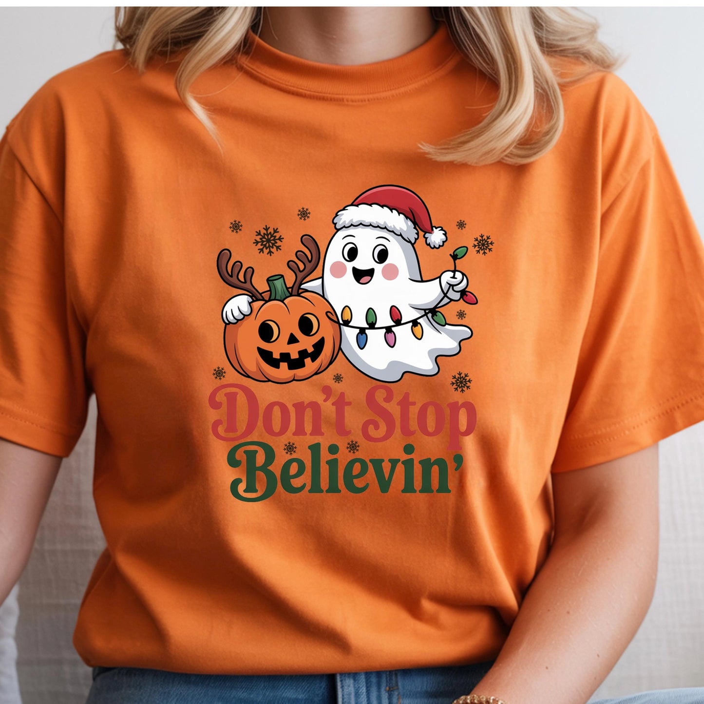Don’t Stop Believin’ Ghost & Pumpkin Christmas Tee or sweatshirt