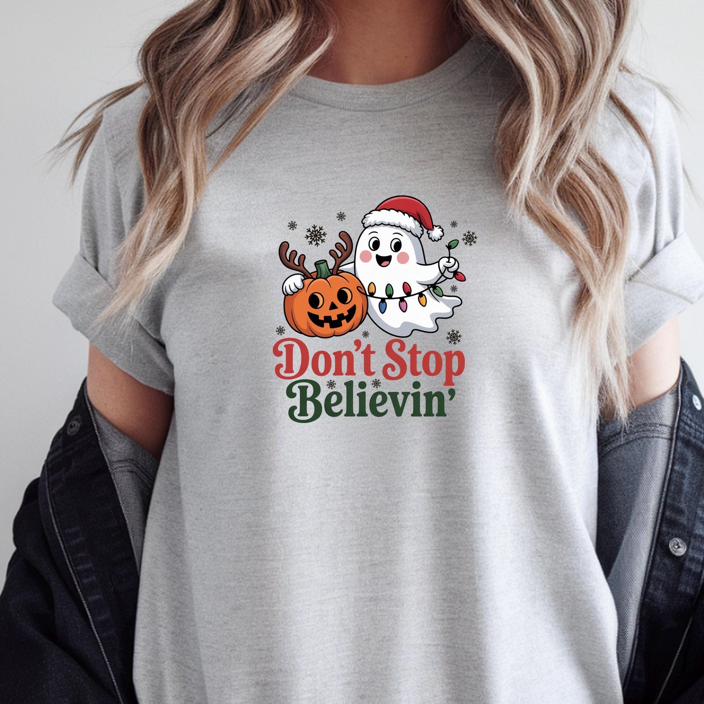 Don’t Stop Believin’ Ghost & Pumpkin Christmas Tee or sweatshirt