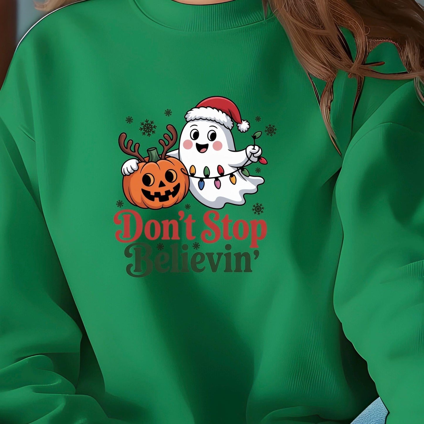 Don’t Stop Believin’ Ghost & Pumpkin Christmas Tee or sweatshirt